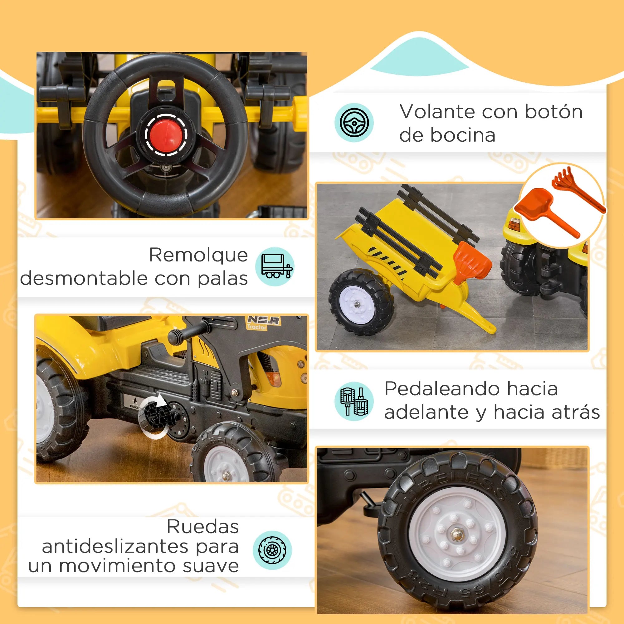 TRACTIKID™ – Tractor Infantil con Pedales, Remolque y Excavadora