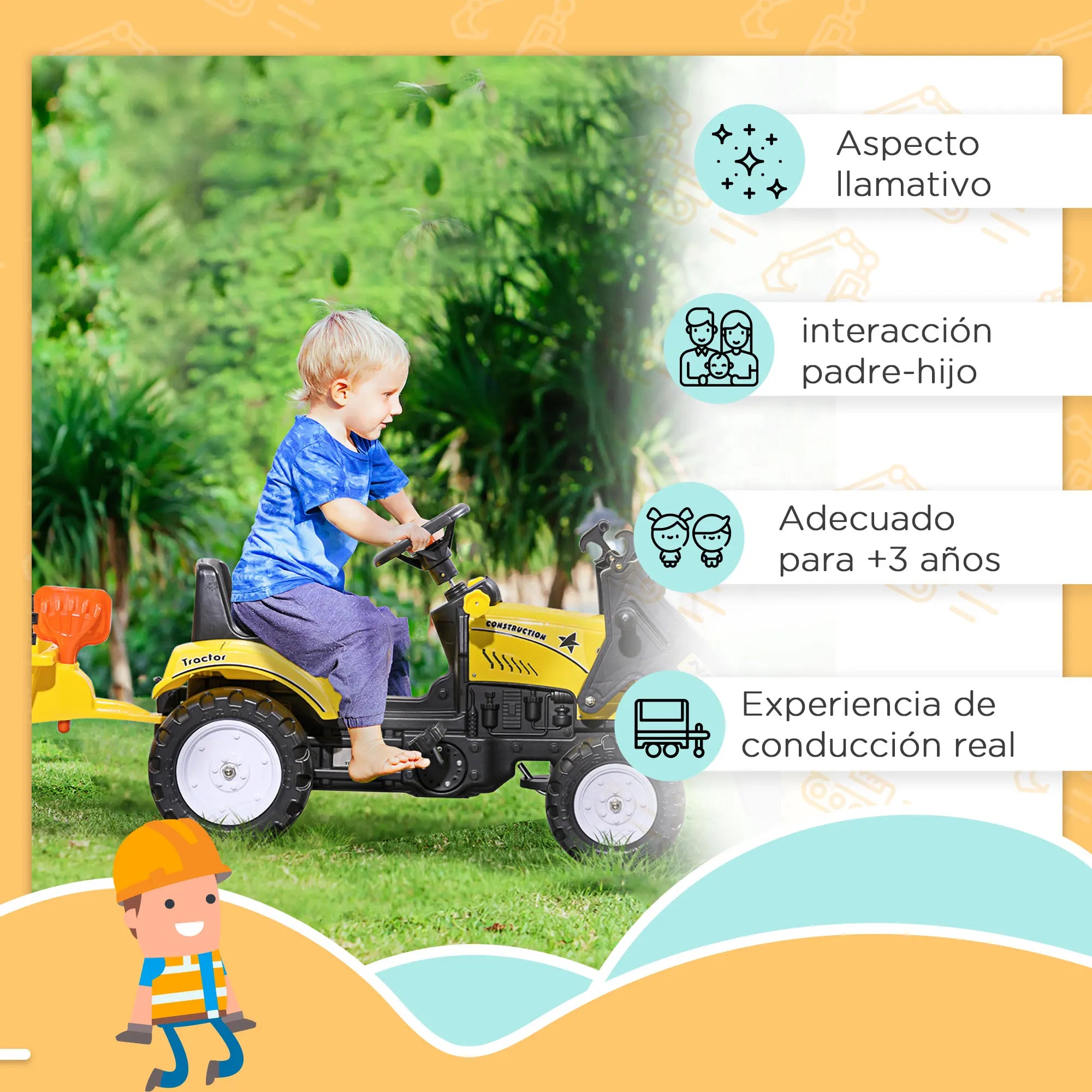 TRACTIKID™ – Tractor Infantil con Pedales, Remolque y Excavadora
