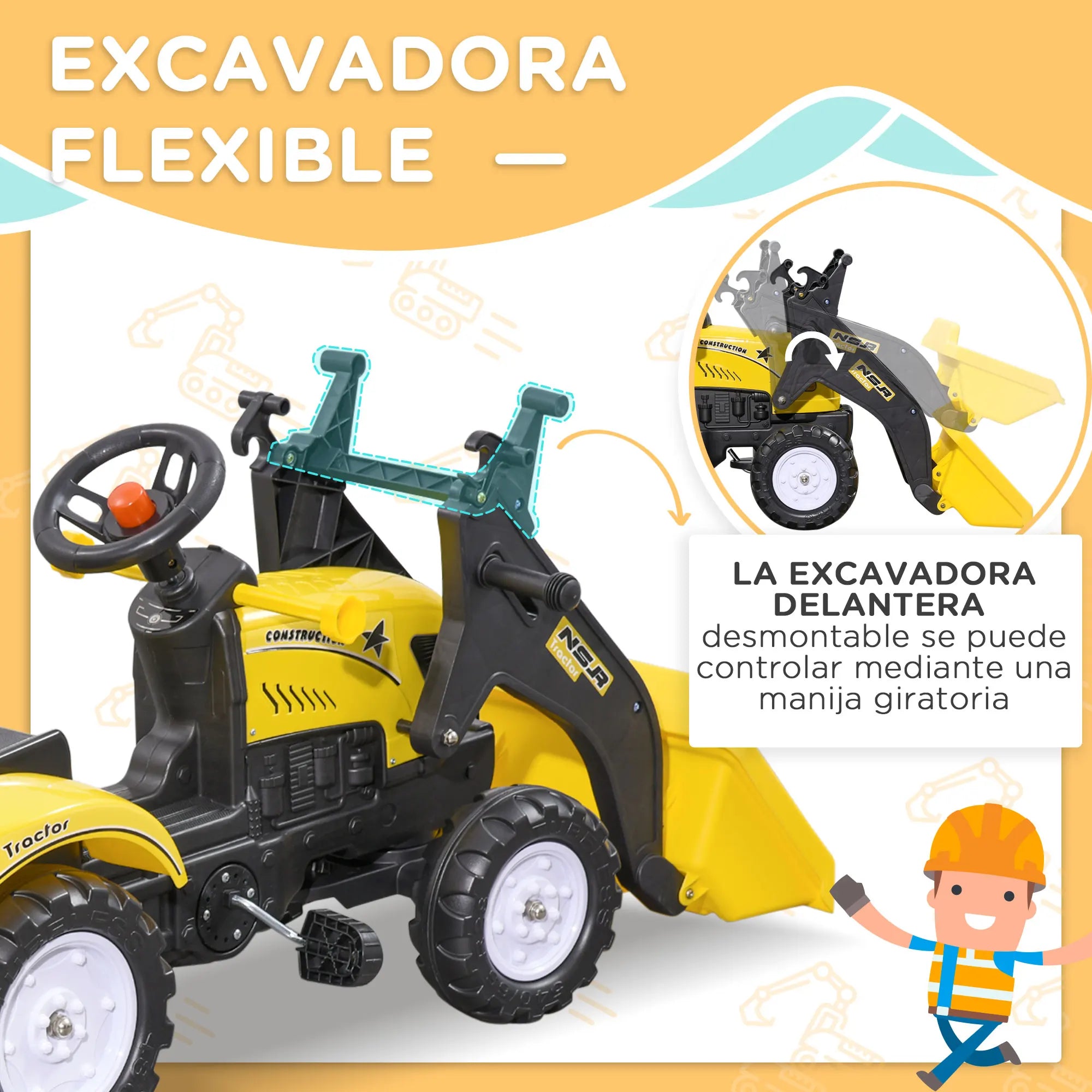 TRACTIKID™ – Tractor Infantil con Pedales, Remolque y Excavadora